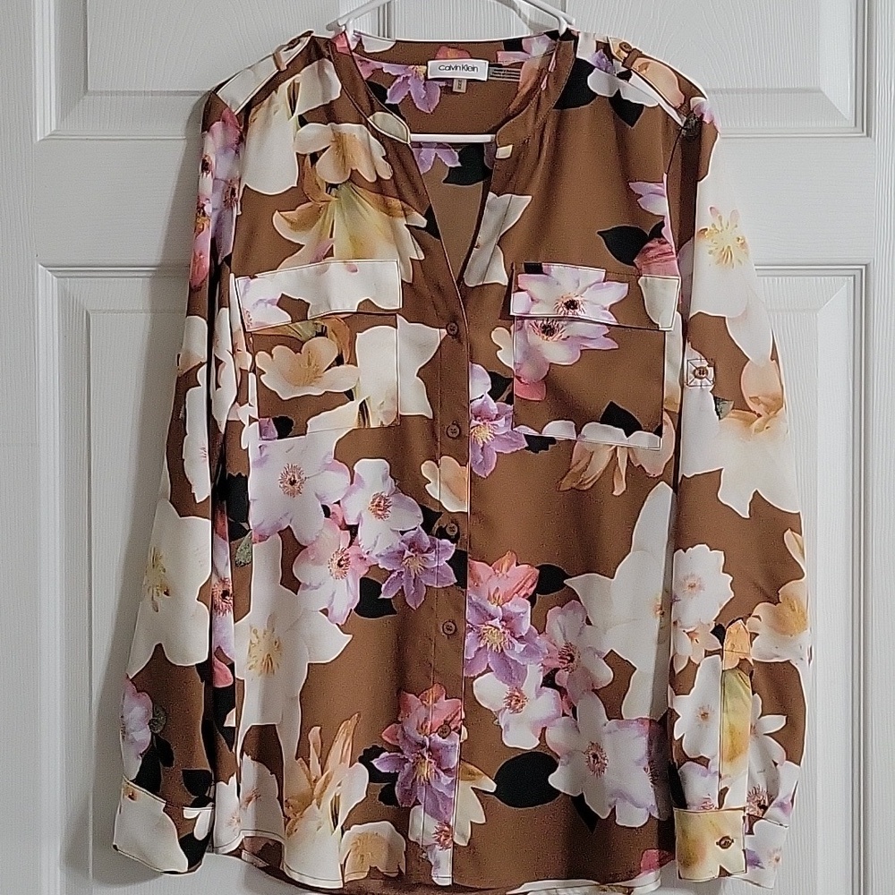 Calvin Klein Floral Button Front Brown Pink White Long Tab Sleeve Top